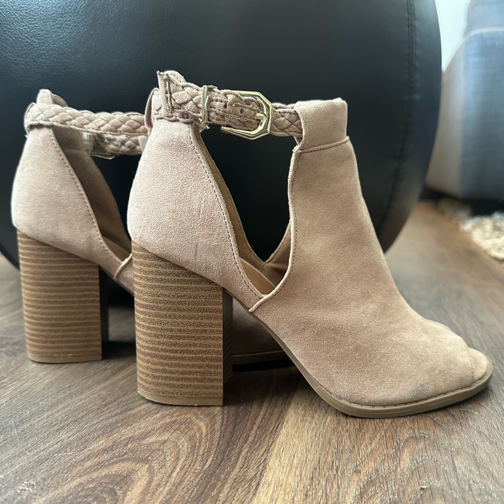 Peep-Toe Faux Suede Heels